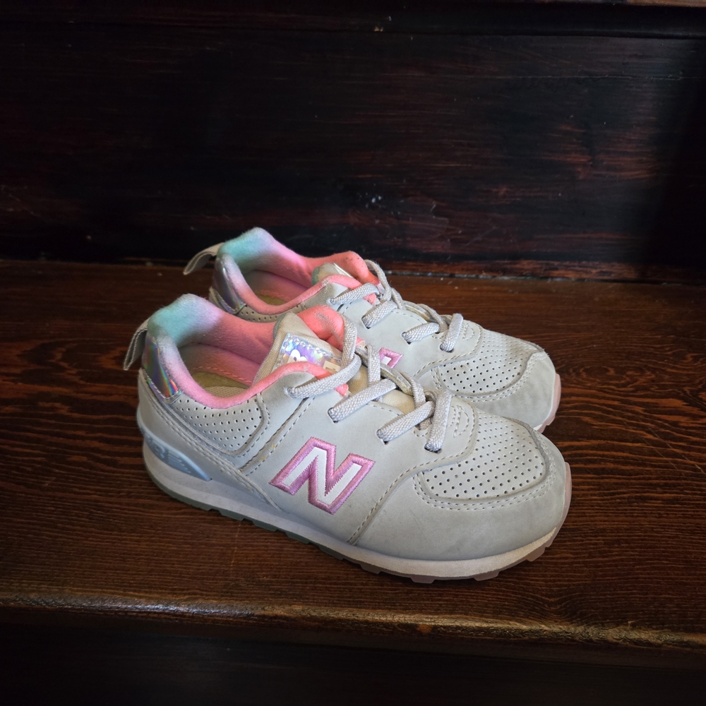 New Balance Kids Light Gray Sneakers with Pink & Pastel Rainbow Accents